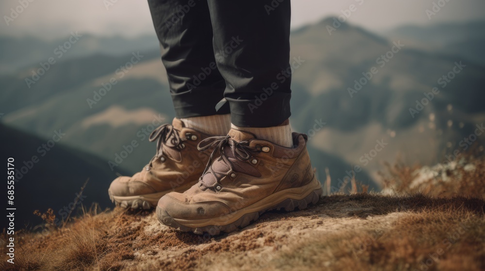 Close-up of hiking boots against a backdrop of mountains and nature. A person engages in hiking and outdoor activities, exploring scenic trails and embracing adventure. Close-up of hiking boots against a backdrop of mountains and nature. A person engages in hiking and outdoor activities, exploring scenic trails and embracing adventure.