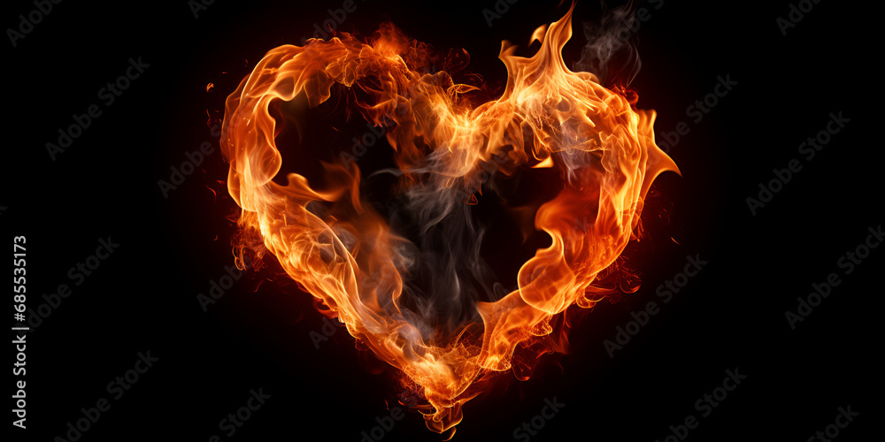 Heart Shaped Fireball with Smoke On Black Background . Heart fire and Smoke Dance on a Dark Backdrop  .