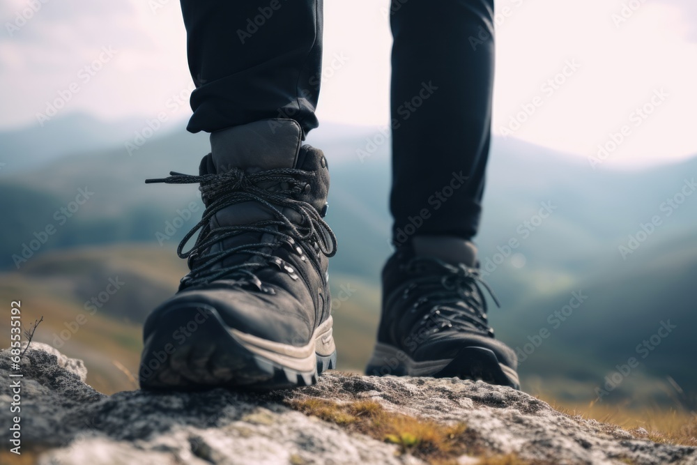 Close-up of hiking boots against a backdrop of mountains and nature. A person engages in hiking and outdoor activities, exploring scenic trails and embracing adventure. Close-up of hiking boots against a backdrop of mountains and nature. A person engages in hiking and outdoor activities, exploring scenic trails and embracing adventure.