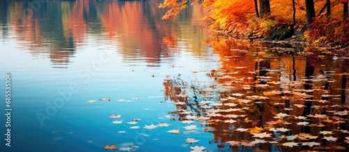 Vibrant autumn foliage reflected in water during fall season.