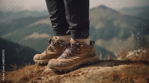 Close-up of hiking boots against a backdrop of mountains and nature. A person engages in hiking and outdoor activities, exploring scenic trails and embracing adventure.
