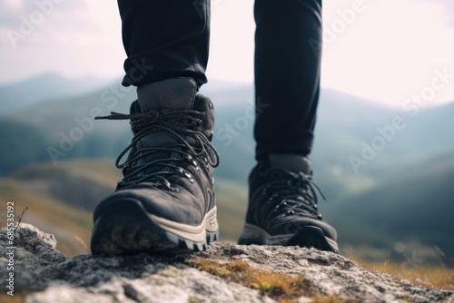 Close-up of hiking boots against a backdrop of mountains and nature. A person engages in hiking and outdoor activities, exploring scenic trails and embracing adventure. © Ilia