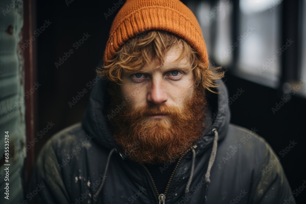 Portrait of a young man with a red beard in a black jacket and a orange hat. Portrait of a young man with a red beard in a black jacket and a orange hat.