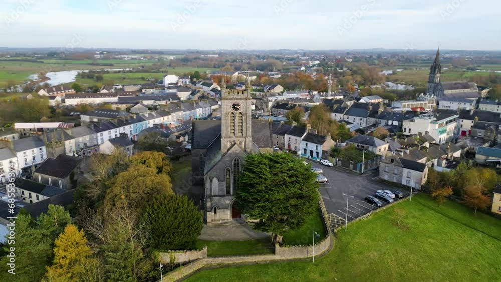 Aerial Elegance: Drone Video of St John's Church of Ireland in Ballinasloe, County Galway, with a Breathtaking Townscape During a Tranquil Autumn Evening Aerial Elegance: Drone Video of St John's Church of Ireland in Ballinasloe, County Galway, with a Breathtaking Townscape During a Tranquil Autumn Evening