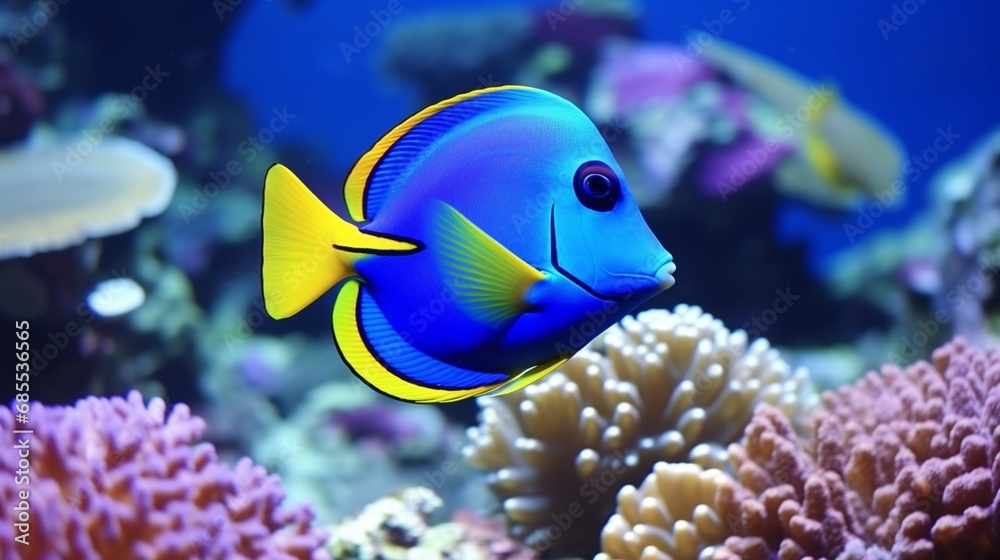 Fototapeta premium A majestic Powder Blue Tang (Acanthurus leucosternon) swimming gracefully in a coral reef, its vibrant colors shimmering in the crystal-clear water.
