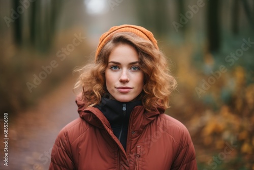 Portrait of a beautiful young woman in a red jacket and a hat in the autumn forest