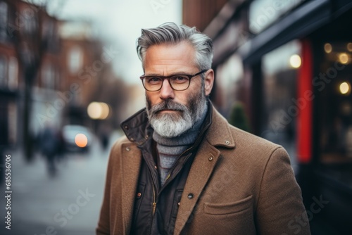 Portrait of a handsome senior man with grey beard and mustache wearing brown coat and eyeglasses on the street.