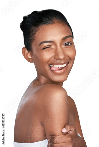 Happy woman  portrait and wink in beauty skincare  facial or cosmetics isolated on a transparent PNG background. Face of Indian female person or model smile with tongue out for fun spa treatment