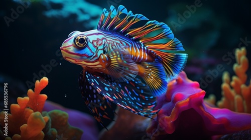 A Mandarin Fish in its natural habitat, surrounded by rich aquatic life, captured in full ultra HD. © Zia