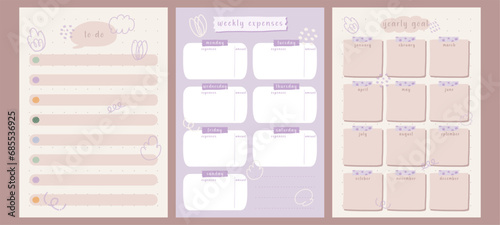 Set of printable daily, yearly goal, weekly expenses, to do notes taking planner journal tracker organiser sheets in cute pastel design.Hand drawn vector illustration doodle