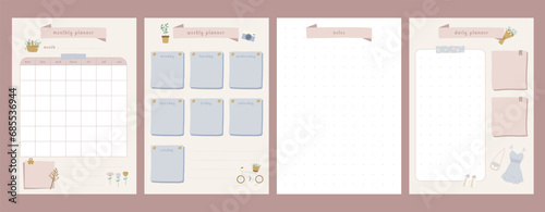 Set of printable daily, weekly, monthly and notes taking planner journal tracker organiser sheets in cute pastel design.Hand drawn vector illustration doodle