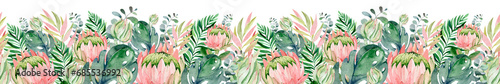 Watercolor tropical seamless border on isolated background. African protea flower evergreen shrub. Eucalyptus botanical ornament.