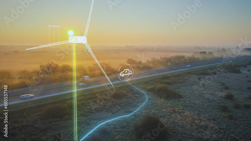 Futuristic holographic wind turbine powering an electric car driving on the highway during sunset, charging lithium battery while travelling