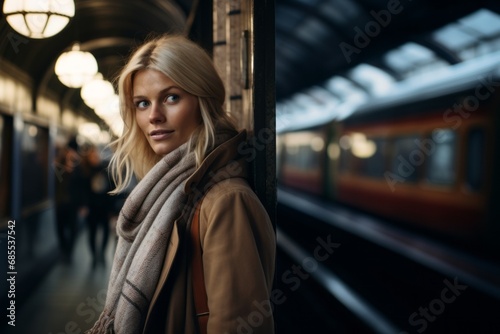 Portrait of a beautiful young woman at the train station in winter