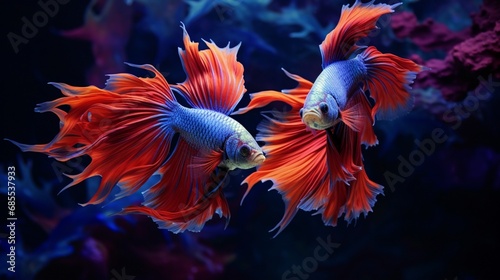 A pair of Betta splendens displaying their brilliant colors and distinctive patterns in full ultra HD underwater scenery.
