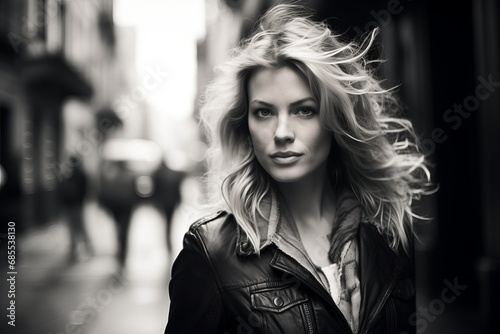 Portrait of a beautiful woman in the city. Black and white photo.