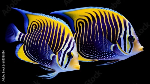 A pair of Emperor Angelfish swimming together in perfect harmony, beautifully depicted in