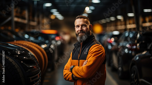 Car tire shop and service - mechanic holding new tire on garage background. photo