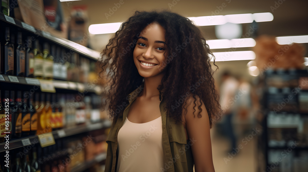 Young woman is buying drinks in the supermarket.