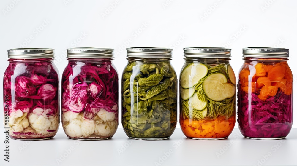 Assorted pickled or fermented vegetables in jars on white, sealed and stored - obrazy, fototapety, plakaty 
