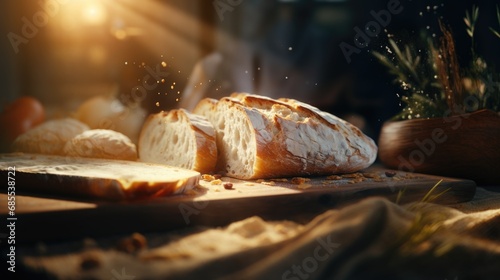 Loaf of crusty rustic bread, freshly baked and sliced, flour dusted