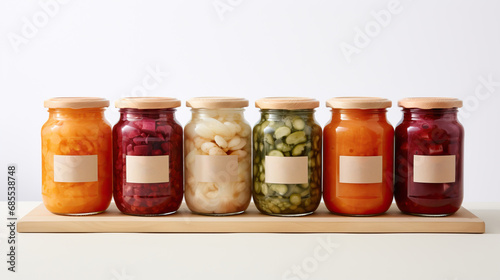 Assorted pickled or fermented vegetables in jars on white, sealed and stored
