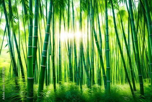 Bamboo forest and green meadow grass with natural light in blur style. 