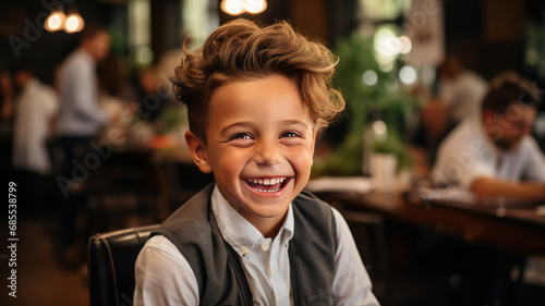 Cute little boy is getting haircut by hairdresser at the barbershop