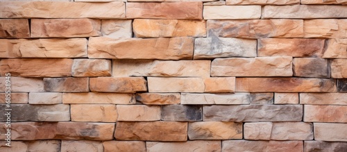 Texture of a beige and orange granite stacked stone wall, close-up.