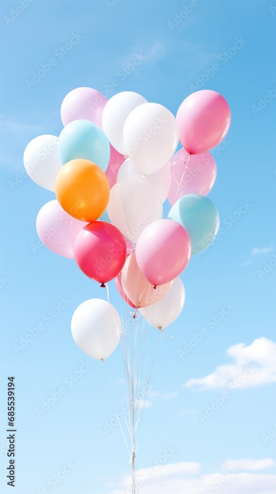 Pastel colors balloons bunch in blue sunny sky background with copy space Pastel colors balloons bunch in blue sunny sky background with copy space