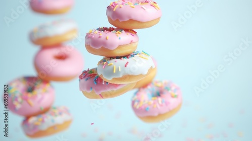 Bright pastel color frosted assorted donuts levitating, blue sky background
