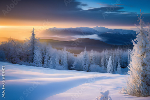 winter sunset in the mountains Generative AI © sayne