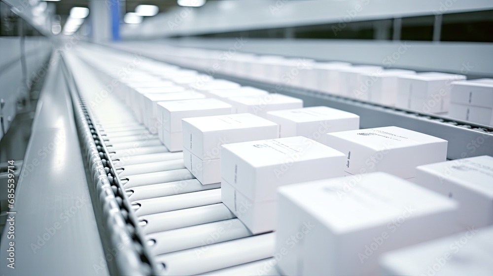 Obraz premium Cardboard boxes move along a conveyor belt in a warehouse. The concept of packaging, storage, distribution of orders in commercial activities. Illustration for advertising, marketing or presentation.