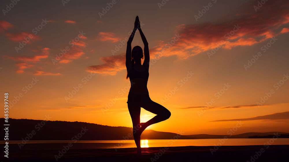 Silhouette of a girl against a colorful sunset practicing yoga, Yoga concept