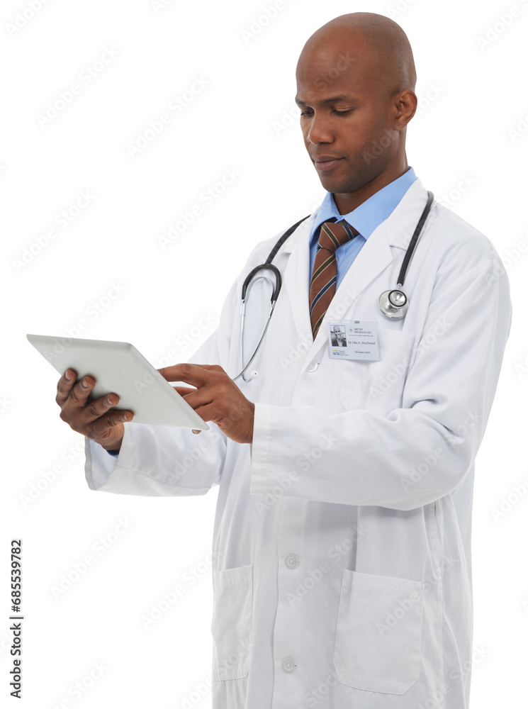 Tablet, medical and black man doctor doing research for diagnosis or treatment with career. Digital technology, healthcare and African surgeon on the internet isolated by transparent png background. Tablet, medical and black man doctor doing research for diagnosis or treatment with career. Digital technology, healthcare and African surgeon on the internet isolated by transparent png background.