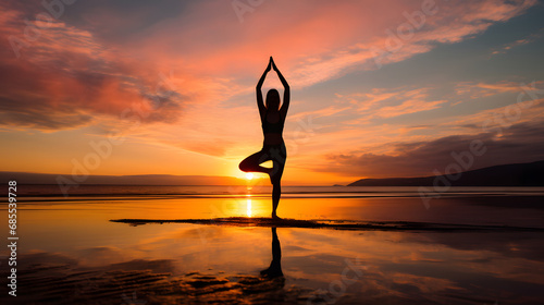 Silhouette of a girl against a colorful sunset, Yoga concept