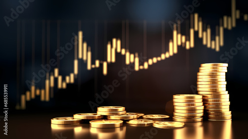 Growth arrow gold coin currency price on money business finance 3d background with success financial market investment earning graph or economy concept cash profit chart and increase stock up symbol