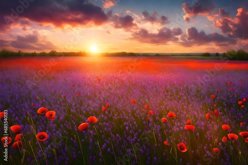 Field with grass, violet flowers and red poppies against the sunset sky