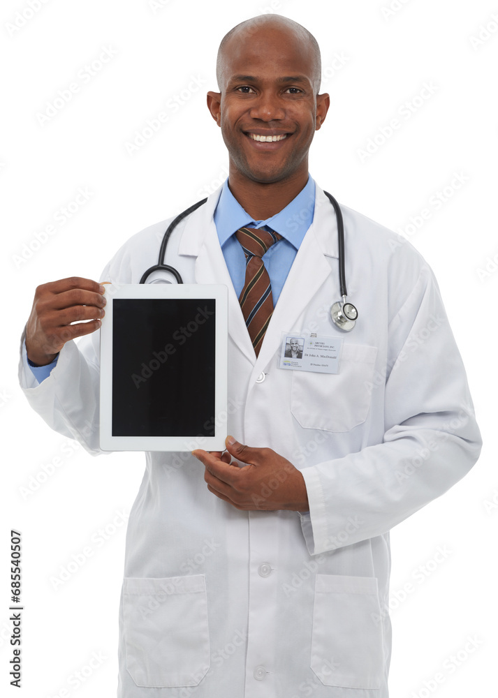 Portrait, healthcare and tablet with a doctor black man isolated on a transparent background. Medical, technology and display with a happy medicine professional on PNG for consulting or telehealth Portrait, healthcare and tablet with a doctor black man isolated on a transparent background. Medical, technology and display with a happy medicine professional on PNG for consulting or telehealth