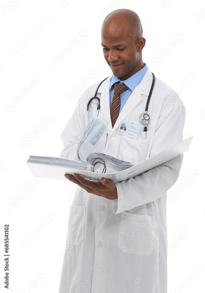 Black man, doctor and paperwork for research, reading or information isolated on a transparent PNG background. African male person or healthcare professional checking documents or medical records Black man, doctor and paperwork for research, reading or information isolated on a transparent PNG background. African male person or healthcare professional checking documents or medical records