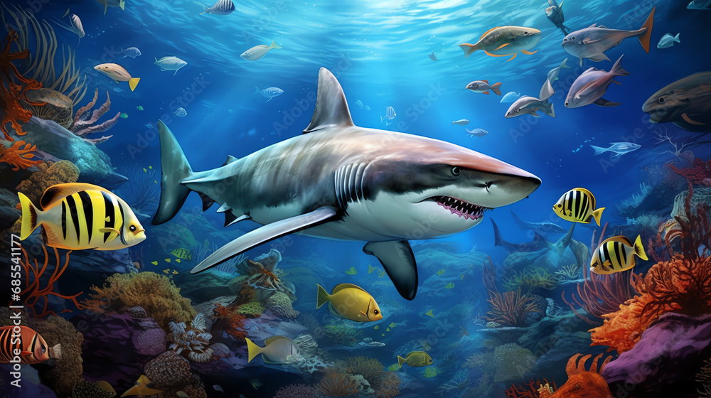 Obraz premium a shark swimming in the ocean with many fish