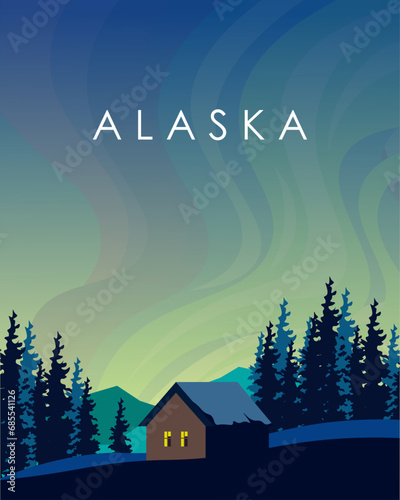 Alaska travel poster, banner, vertical travel card, postcard, packaging design