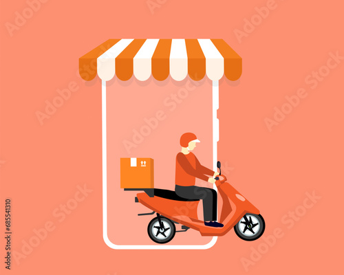 Online Fast delivery by man with scooter on mobile phone delivery of goods to customers to front of the house with online shopping