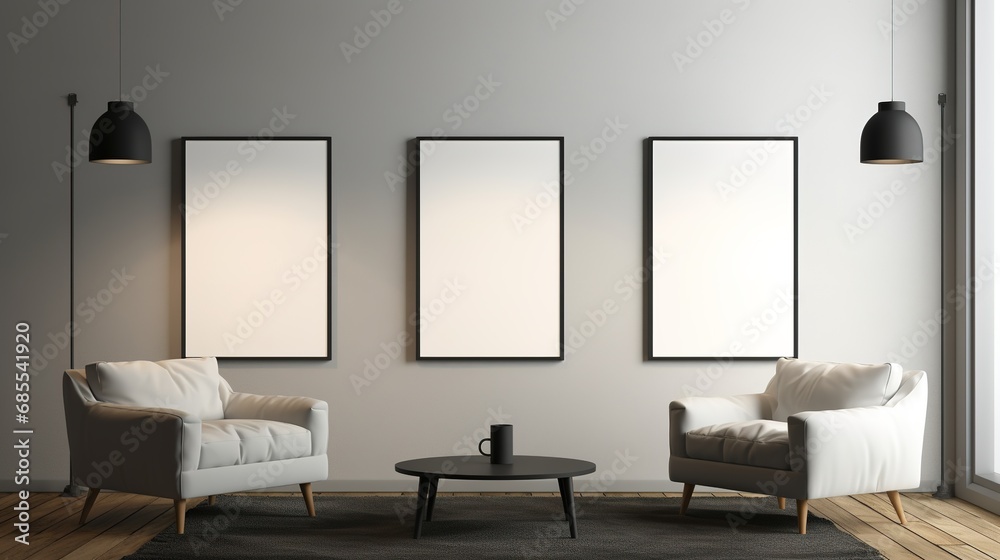 Generative AI, set of three posters mock up, blank minimalistic background, artwork template Generative AI, set of three posters mock up, blank minimalistic background, artwork template