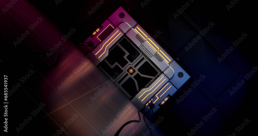 Fototapeta premium Kable na podłodze ciemnego, futurystycznego korytarza przemysłowego z elektronicznymi drzwiami zabezpieczającymi o wysokiej technologii