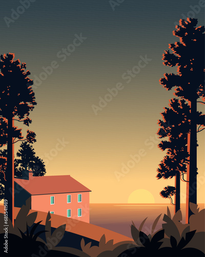 Background sunset, countryside, mountainside, house, vertical banner, card, poster.