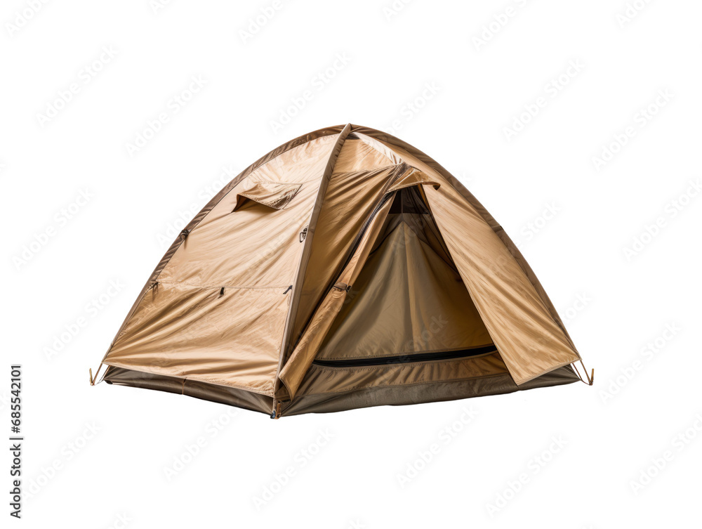 A vibrant camping tent set up on a plain transparent background. Ideal for product placement. A vibrant camping tent set up on a plain transparent background. Ideal for product placement.