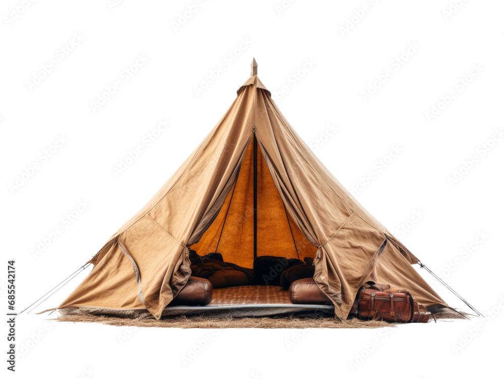 A vibrant camping tent set up on a plain transparent background. Ideal for product placement. - obrazy, fototapety, plakaty 