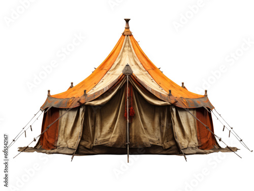 A vibrant camping tent set up on a plain transparent background. Ideal for product placement. © Jan