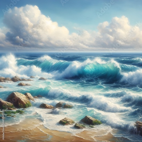 Oil painting seascape large wave blue-green color light blue white clouds sandy color rocks visible. Sea on canvas.